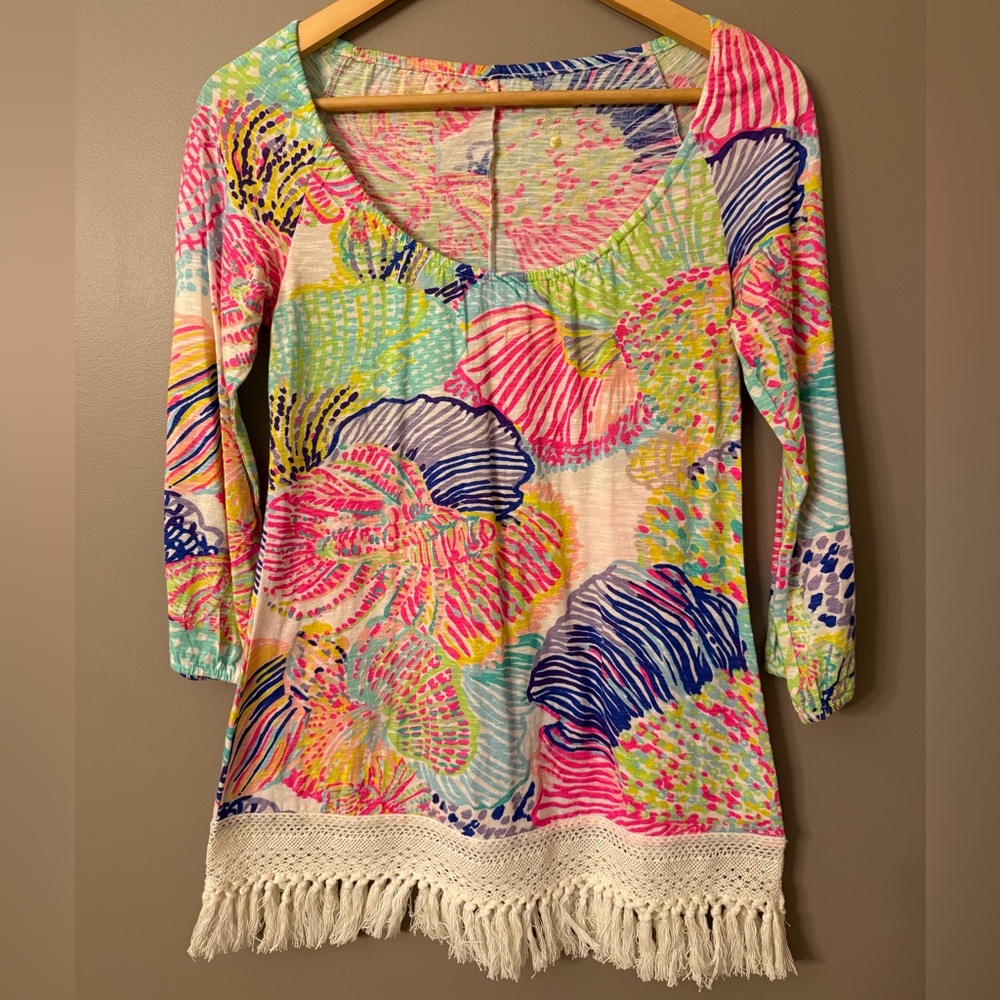 Lilly Pulitzer XXS Alia Shell Print Tunic Top Fringe Hem Boho Tassel Pink Blue